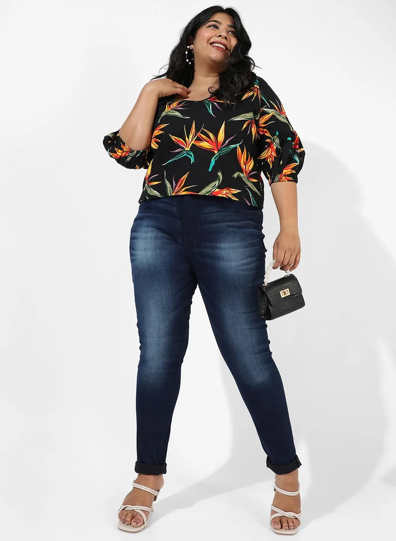 Instafab Plus Women's Black Botanical Print Top