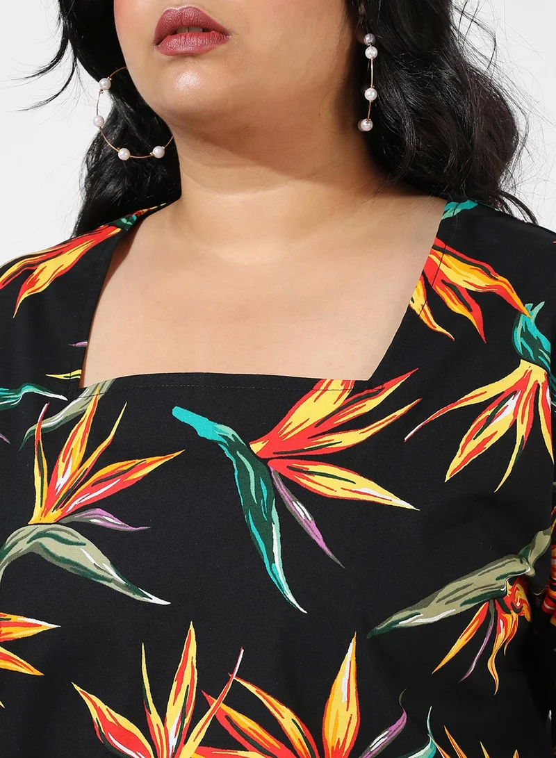 Instafab Plus Women's Black Botanical Print Top