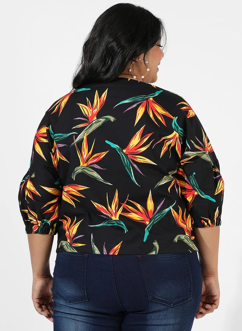 Instafab Plus Women's Black Botanical Print Top