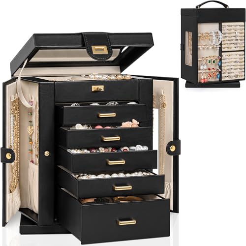 AKOZLIN Jewelry Box 6-Tier Organizer Functional 360° Rotating Jewelry Storage Case for Women Girls Ring Necklace Earring Bracelet Holder with Mirror - Image 1