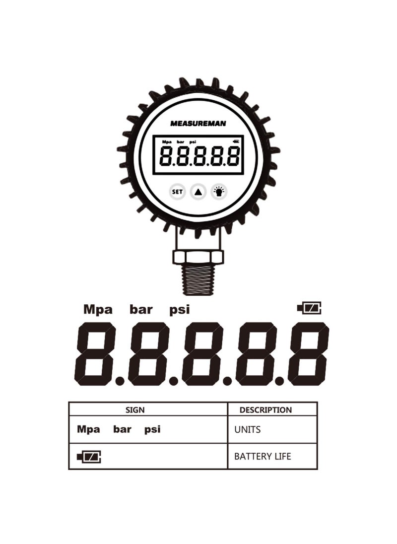 MEASUREMAN MEASUREMAN 3-1/8" Dial Size, Digital Pressure Gauge, 0-3000psi/bar/Mpa, 1/4"NPT Lower Mount, 0.25% Accuracy  - Image 4