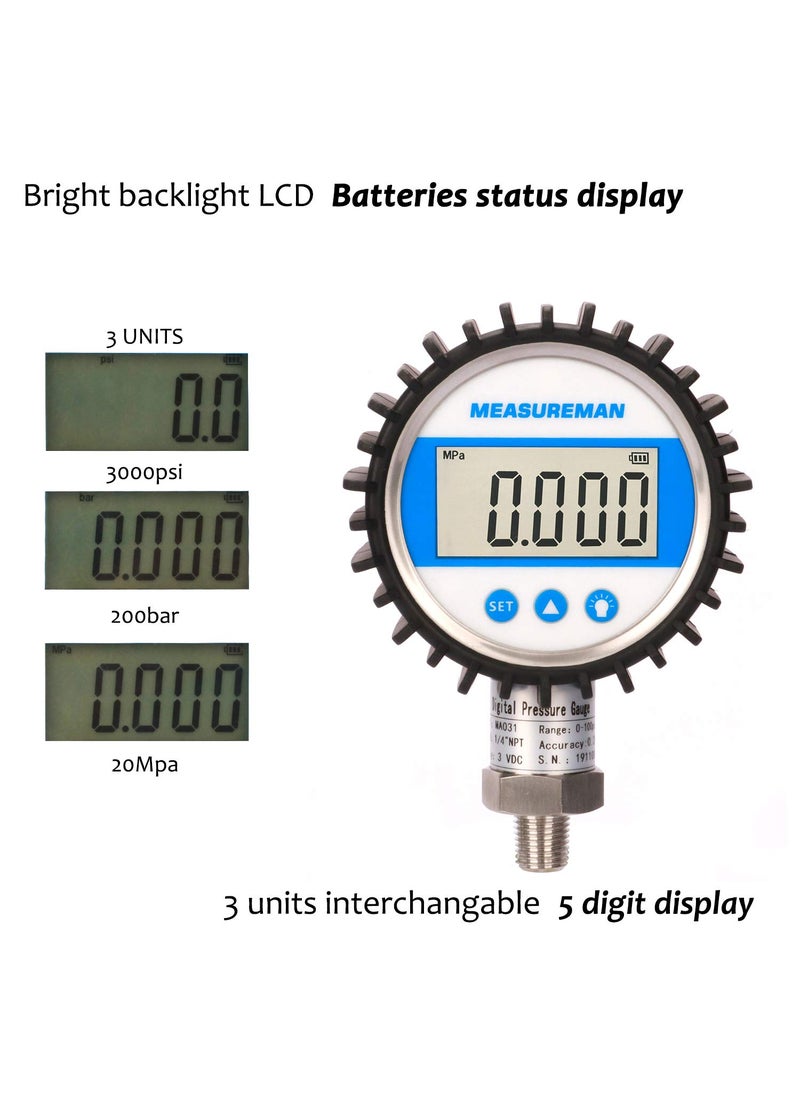 MEASUREMAN MEASUREMAN 3-1/8" Dial Size, Digital Pressure Gauge, 0-3000psi/bar/Mpa, 1/4"NPT Lower Mount, 0.25% Accuracy  - Image 3
