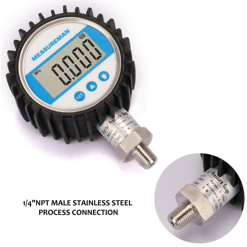 MEASUREMAN 3-1/8" Dial Size, Digital Pressure Gauge, 0-3000psi/bar/Mpa, 1/4"NPT Lower Mount, 0.25% Accuracy