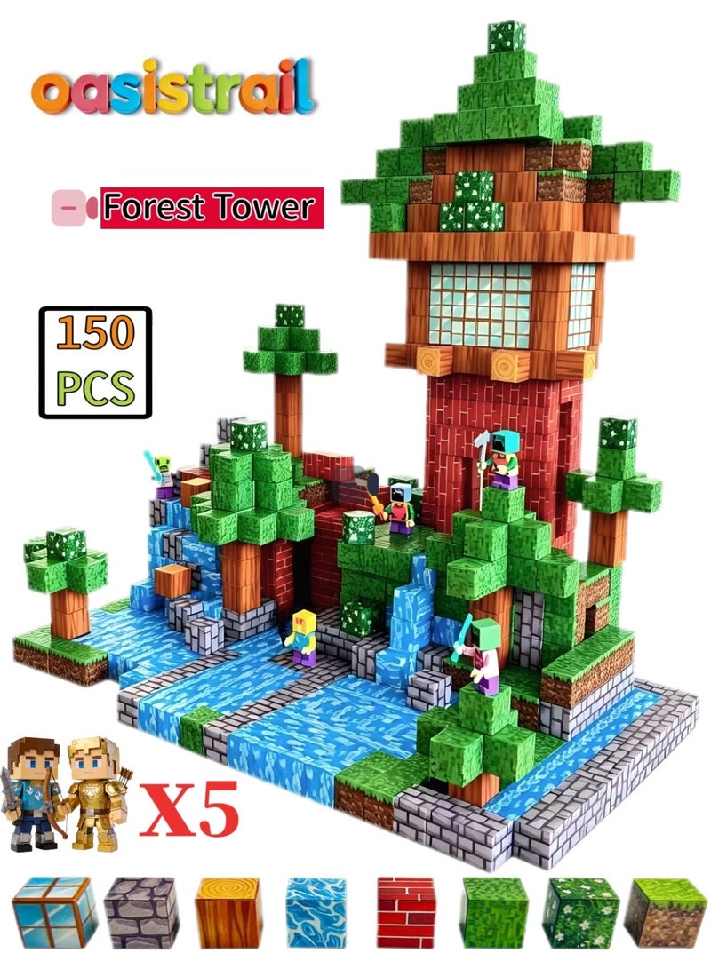 oasistrail Magnetic Blocks-Building cubes 150PCS High-Strength Mine Magnet World Set for Kids, Magnet Blocks Cubes for Boys Girls, A must-have construction building toy for kindergarten classroomsSTEM Montessori Sensory Toys Stacking Toy for 3 4 5 6 7 8 9 10 11 12 Christmas Birthday Gift(Forest Tower; includes 5 toy figurines.) - Image 1