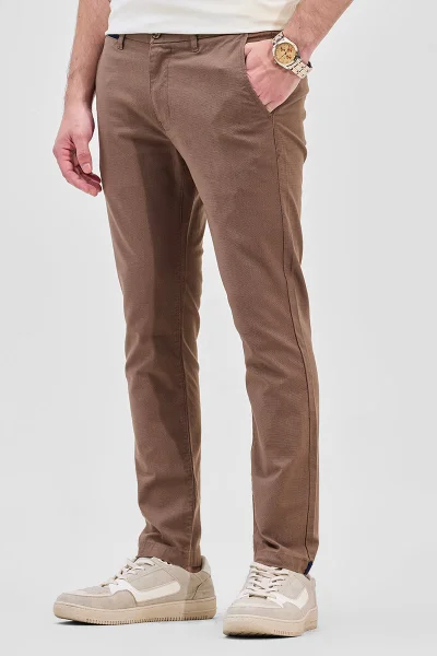 SNITCH Brown Mid Rise Slim Fit Linen Blend Trouser