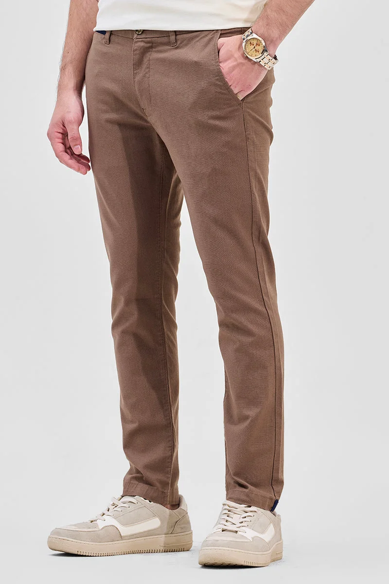 SNITCH Brown Mid Rise Slim Fit Linen Blend Trouser