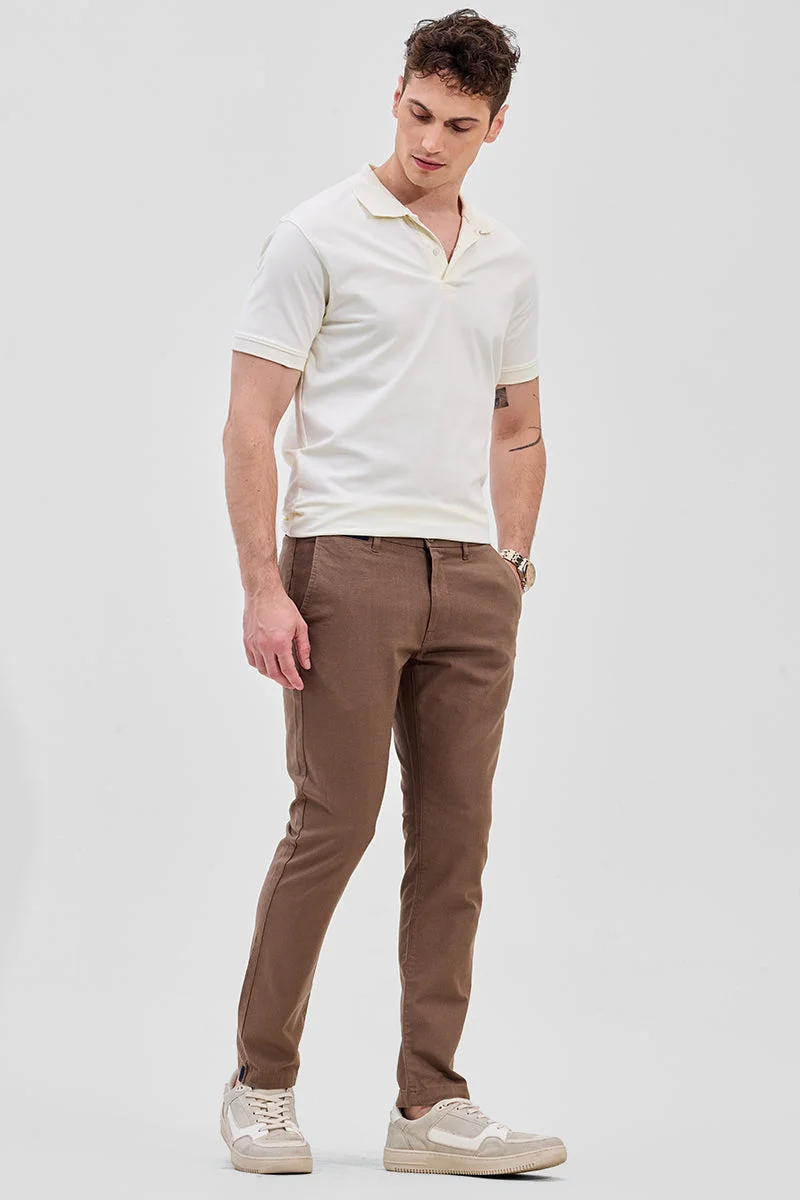 Snitch Brown Brown Mid Rise Slim Fit Linen Blend Trouser for Men | Best Price UAE