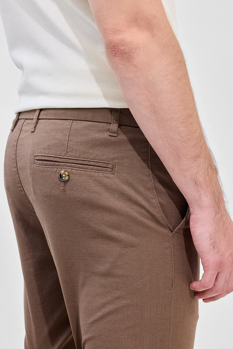 Snitch Brown Brown Mid Rise Slim Fit Linen Blend Trouser for Men | Best Price UAE