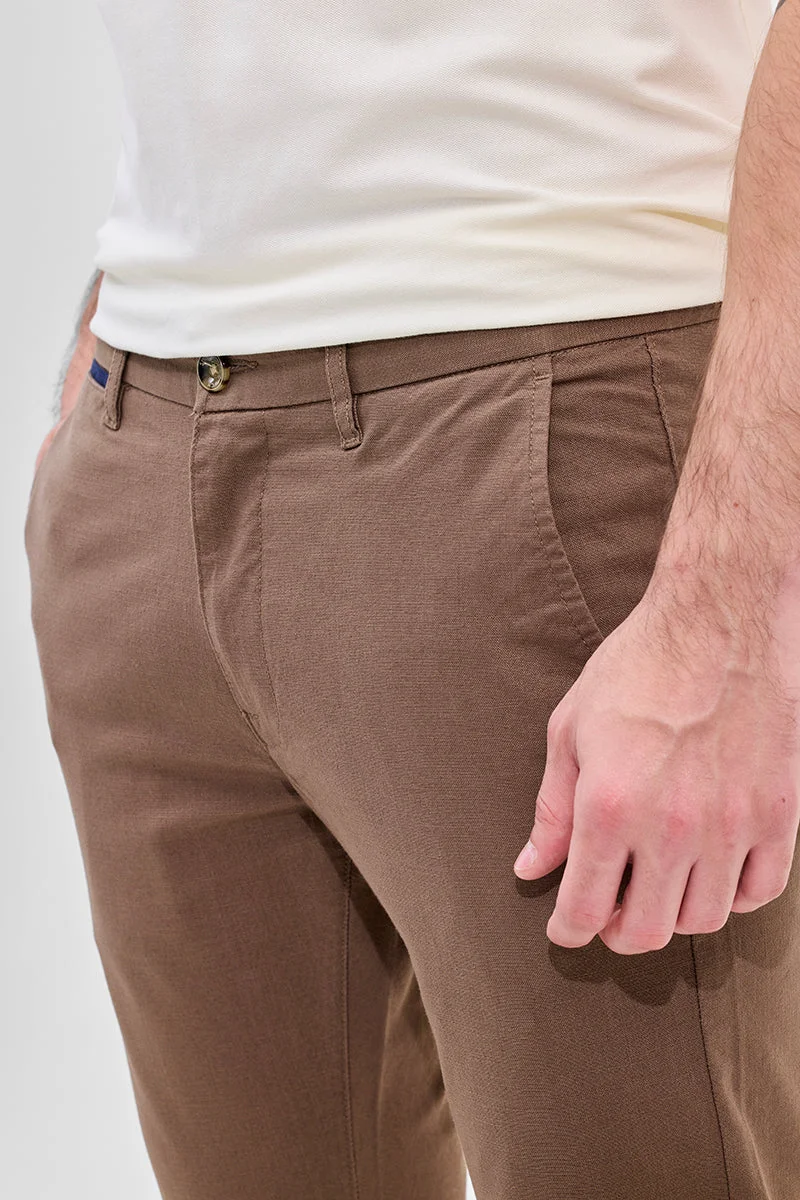 Snitch Brown Brown Mid Rise Slim Fit Linen Blend Trouser for Men | Best Price UAE