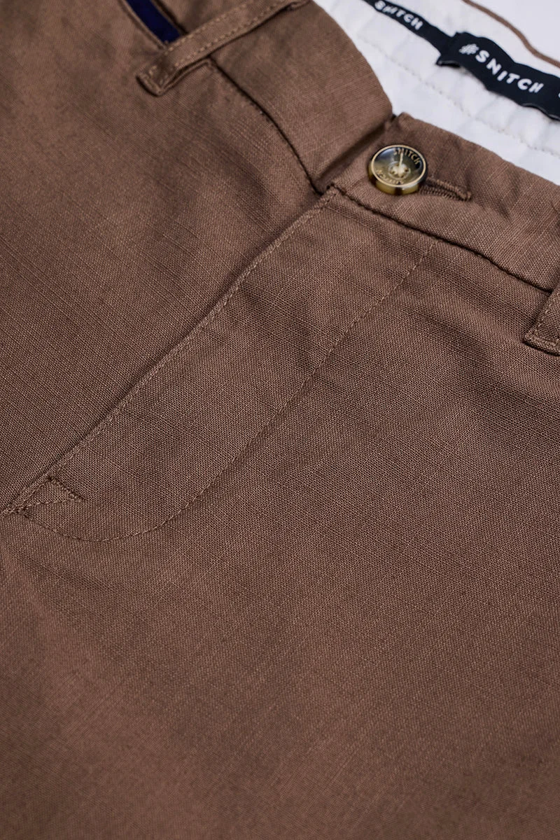 SNITCH Brown Mid Rise Slim Fit Linen Blend Trouser