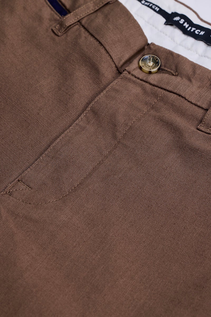 SNITCH Brown Mid Rise Slim Fit Linen Blend Trouser - Image 2
