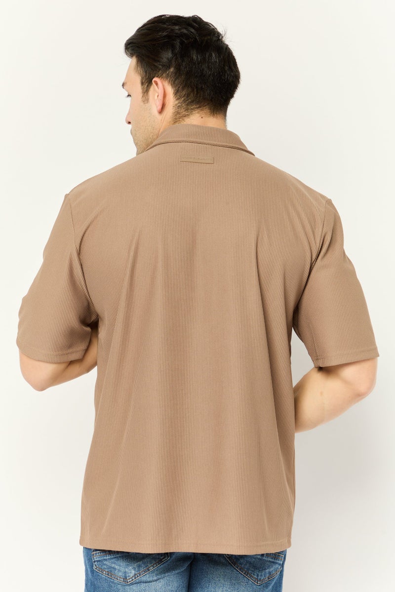 Core Elements Men Notched Collar Short Sleeve Stripe Casual Shirt, Tan - Image 4