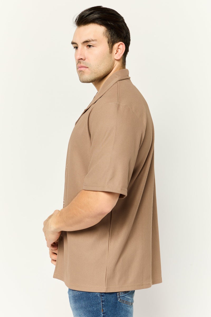 Core Elements Men Notched Collar Short Sleeve Stripe Casual Shirt, Tan - Image 3