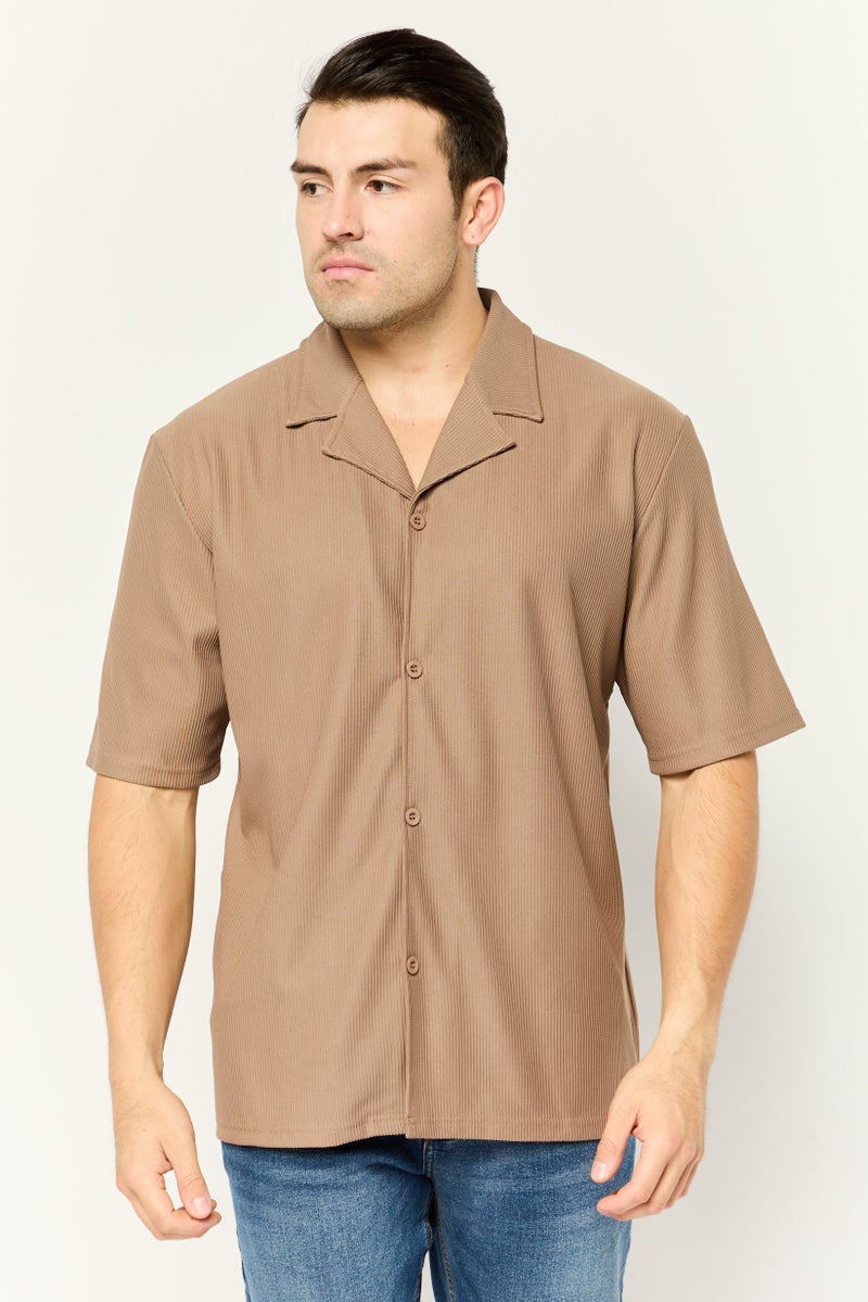 Core Elements Men Notched Collar Short Sleeve Stripe Casual Shirt, Tan - Image 1
