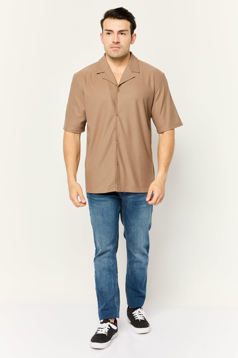 Core Elements Men Notched Collar Short Sleeve Stripe Casual Shirt, Tan - Image 2