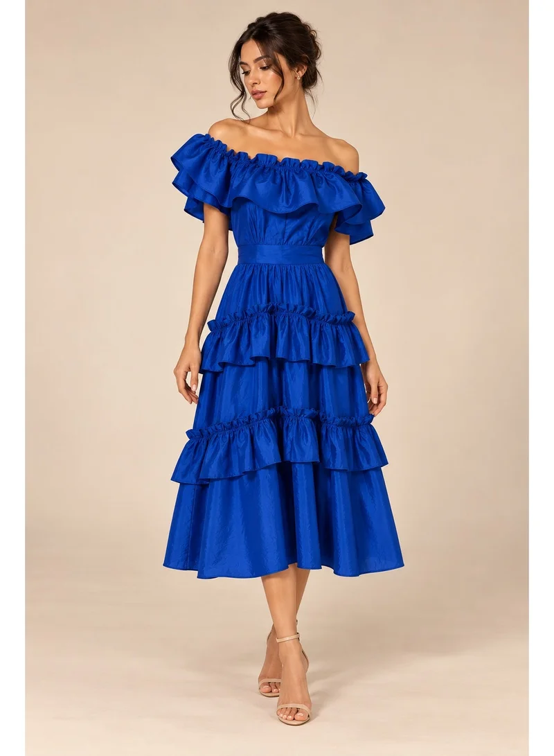 2تريندي فستان نسائي ميدي بأكتاف مكشوفة وطبقات كشكشة - أزرق ملكي