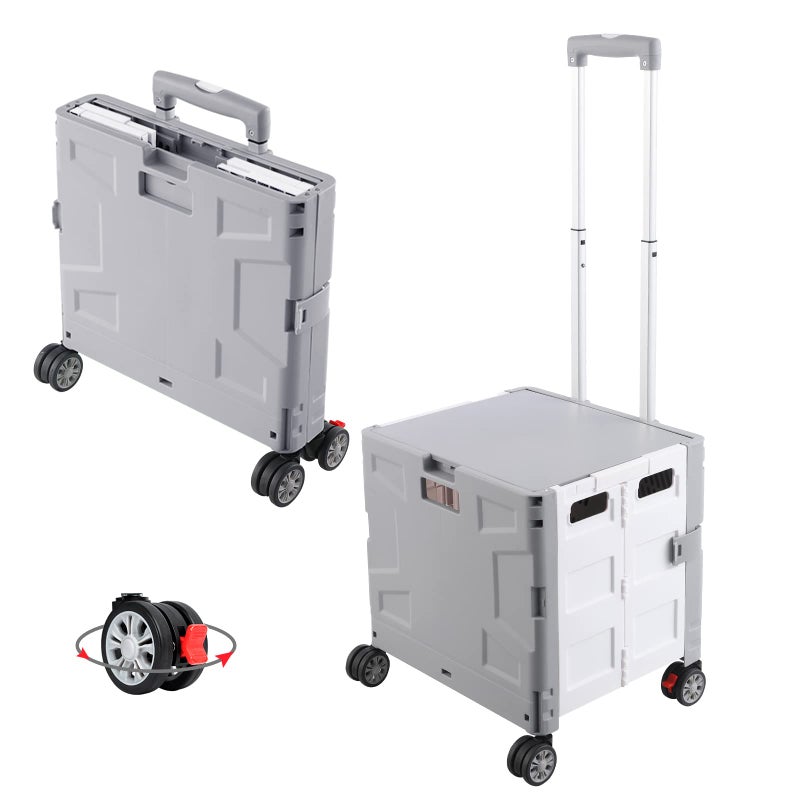 FELICON Folding Utility Cart Portable Rolling Crate Handcart with Durable Heavy Duty Plastic Telescoping Handle Collapsible Hidden Lid 4Rotate Wheels for Travel Shop Move Office TeacherGrayWhite