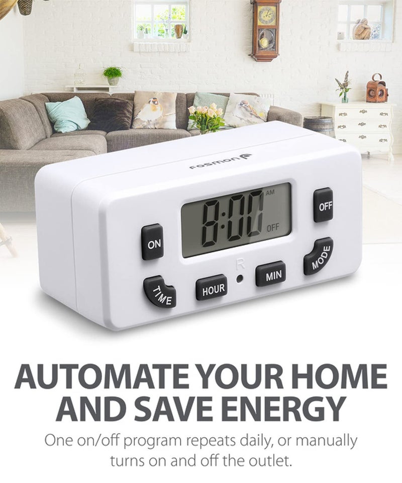 Fosmon Digital Timer for Electrical Outlets, Indoor 24 Hour Light Timer Programmable, Mini Plug in Outlet for Lamps, Fans, Grow Lights, 2 On/Off Programs, 15A/1875W, ETL Listed - Image 3