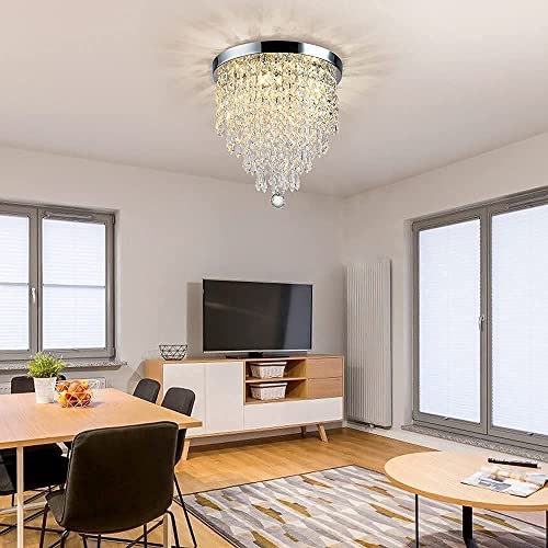 CRYSTA WORLD 3-W White K9 Crystal Chandelier Fixture,Modern Flush Mount Ceiling Light Fixtures Raindrop Chandelier for Bedroom,Dining Room,Living Room, H 10.5" x D 9" - Image 2