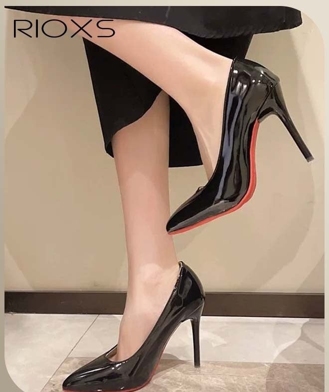 RIOXS Women's Heeled Pumps, 10cm Patent Leather Pumps, Stiletto High Heels for Women, Closed Pointed Toe High Heels, Patent Leather Pumps, Laides Party Wedding Dress Heels, Slip-on Heeled Shoes,  Classic High Heel Shoes for Professional Outfits/ Work and Daily Wear, Evening Pumps Black - Image 2