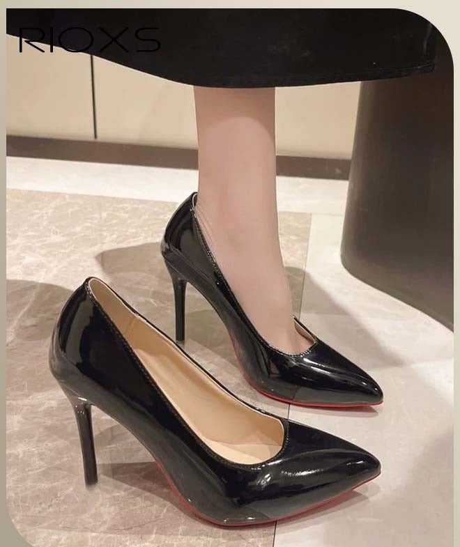 RIOXS Women's Heeled Pumps, 10cm Patent Leather Pumps, Stiletto High Heels for Women, Closed Pointed Toe High Heels, Patent Leather Pumps, Laides Party Wedding Dress Heels, Slip-on Heeled Shoes,  Classic High Heel Shoes for Professional Outfits/ Work and Daily Wear, Evening Pumps Black - Image 5