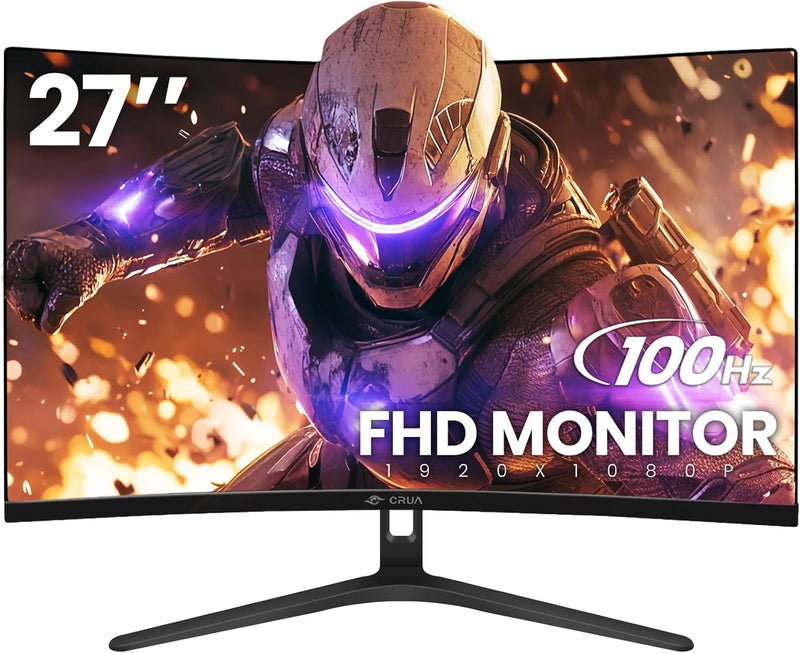 CRUA شاشة 27 بوصة FHD 100Hz منحنية 1800R بدقة 1080P (1920x1080) بإطار فائق النحافة، خالية من الوميض، 120% sRGB مناسبة للاستخدام المنزلي والمكتبي، مزودة بمكبرات صوت مدمجة - Image 1