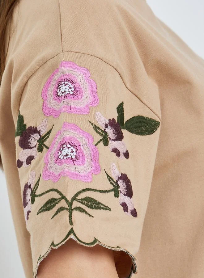 Styli Women Beige Embroidered Floral Sleeve T-Shirt