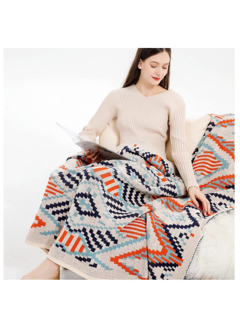 Captaintech Bohemian Blanket Tassel Throw Blanket Boho Cozy Knitted Throw Blanket, Soft Lightweight Blanket for Sofa, Couch, Bed, Bohemian Decor for Living Room, Bedroom, Room 47Inx63In, Orange,navy Blue - Image 3