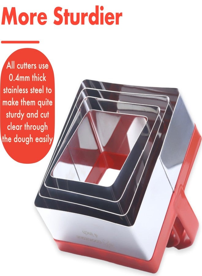 COOKIEQUE Square Cookie Cutter Set – 4-Piece Fun with Ergonomic Handles, Bake Perfect Cookies & Biscuits, Durable Stainless Steel, Comfy Red Silicone Grip, 2.5, 3, 3.4, & 4 Inch Sizes - Image 5