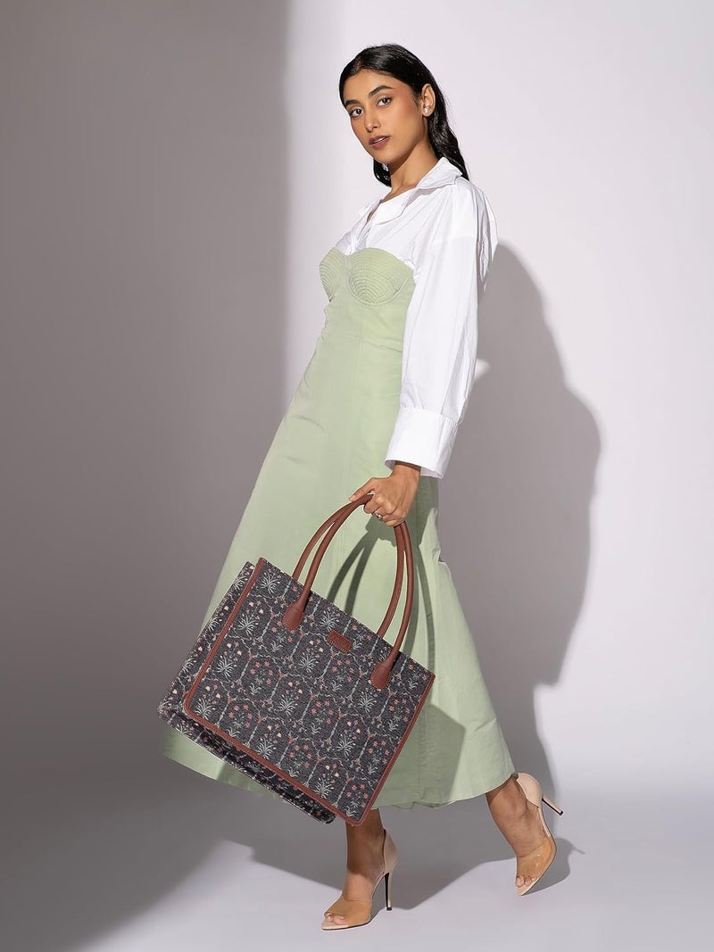 ZOUK Printed Jute Handcrafted Grey Women's Stylish Tote Bags | Tote Handbag| Shoulder bag with double handle - Image 2