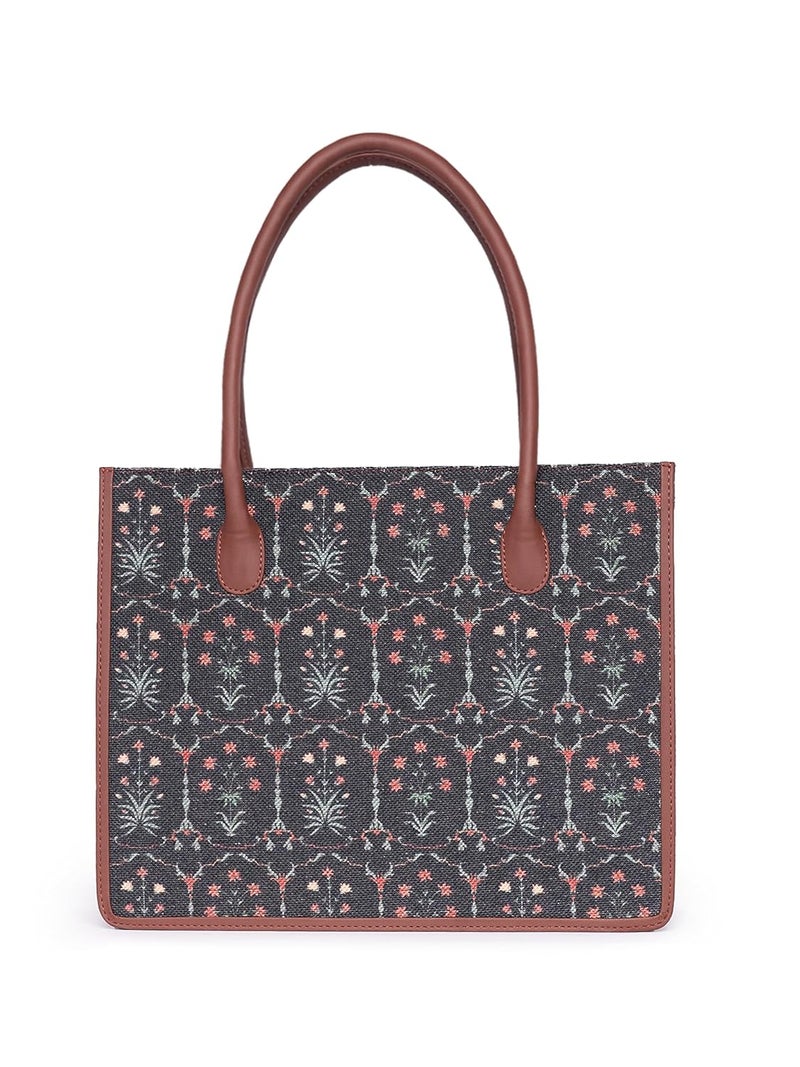 ZOUK Printed Jute Handcrafted Grey Women's Stylish Tote Bags | Tote Handbag| Shoulder bag with double handle - Image 4