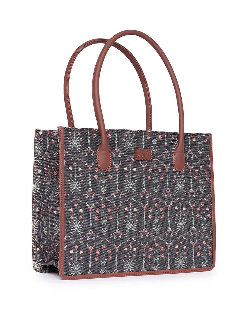 ZOUK Printed Jute Handcrafted Grey Women's Stylish Tote Bags | Tote Handbag| Shoulder bag with double handle - Image 3