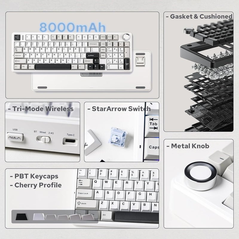 EPOMAKER X AULA F99 PRO Wireless Gaming Keyboard, Hot Swappable, 2.4GHz/Type-C/BT5.0 Custom Mechanical Keyboard with 8000mAh Battery, RGB Backlit (Black&Grey&White) - Image 2
