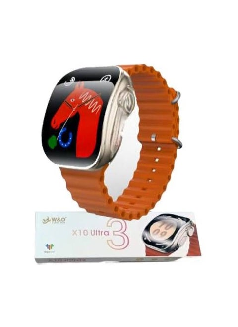 W&O X10 ultra 3 smart watch  orange High resolution IPS screen Curve design. Wireless charging. 11 sports mode. It works with Android and iPhone. Always on display property. 4 themes for the interior background, other themes can be downloaded,