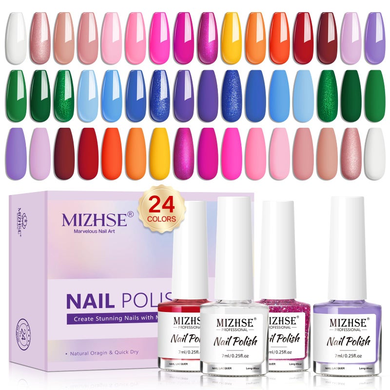 MIZHSE Quick Dry Nail Polish Set, 24 Colors Regular Nail Polish Non Gel, Air Dry Fast Neon Trendy Glitter Bulk Nail Lacquer Oil-based Long Lasting Fingernail Toe Home DIY Gift for Women - Image 1