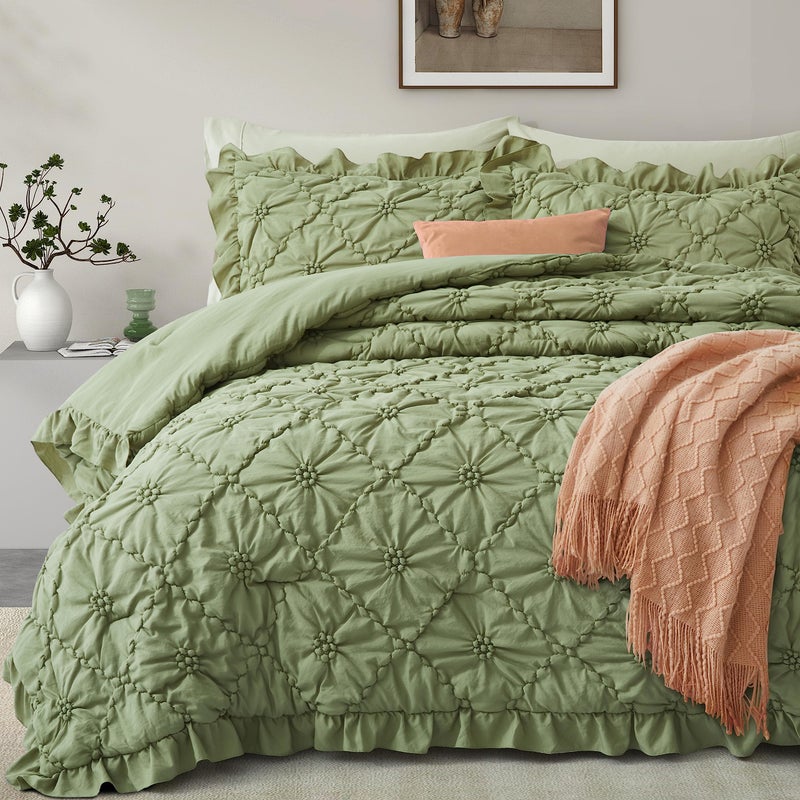 BEDAZZLED Queen Size Comforter Sets, Green Bedding Comforter Set, 3 Pieces Pinch Pleat Bedding Sets with Comforter and Pillowcases Soft Farmhouse Shabby Chic Comforter for All Season - Image 1