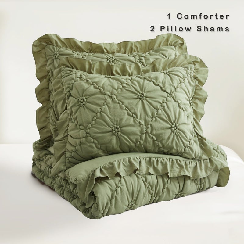 BEDAZZLED Queen Size Comforter Sets, Green Bedding Comforter Set, 3 Pieces Pinch Pleat Bedding Sets with Comforter and Pillowcases Soft Farmhouse Shabby Chic Comforter for All Season - Image 5