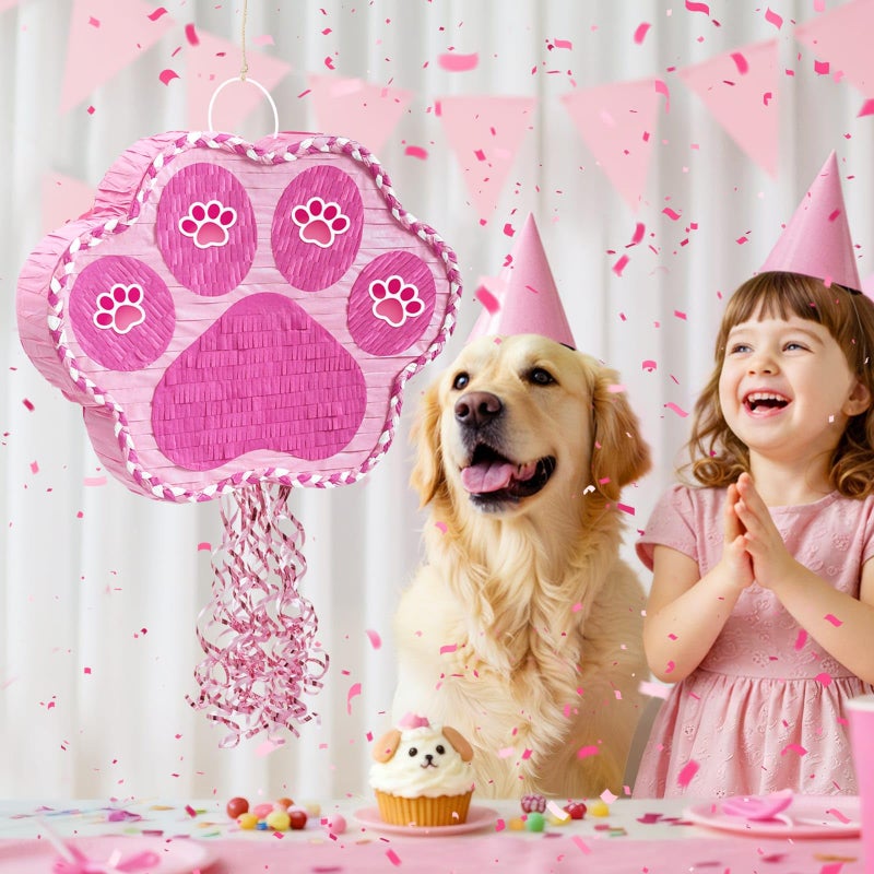 WERNNSAI Pink Dog Paw Pinata - Dog Pinata Pet Theme Party Games Pink Girl Style Puppy Paw Party Decorations Animal Party Supply for Kids Birthday with Blindfold - Image 2