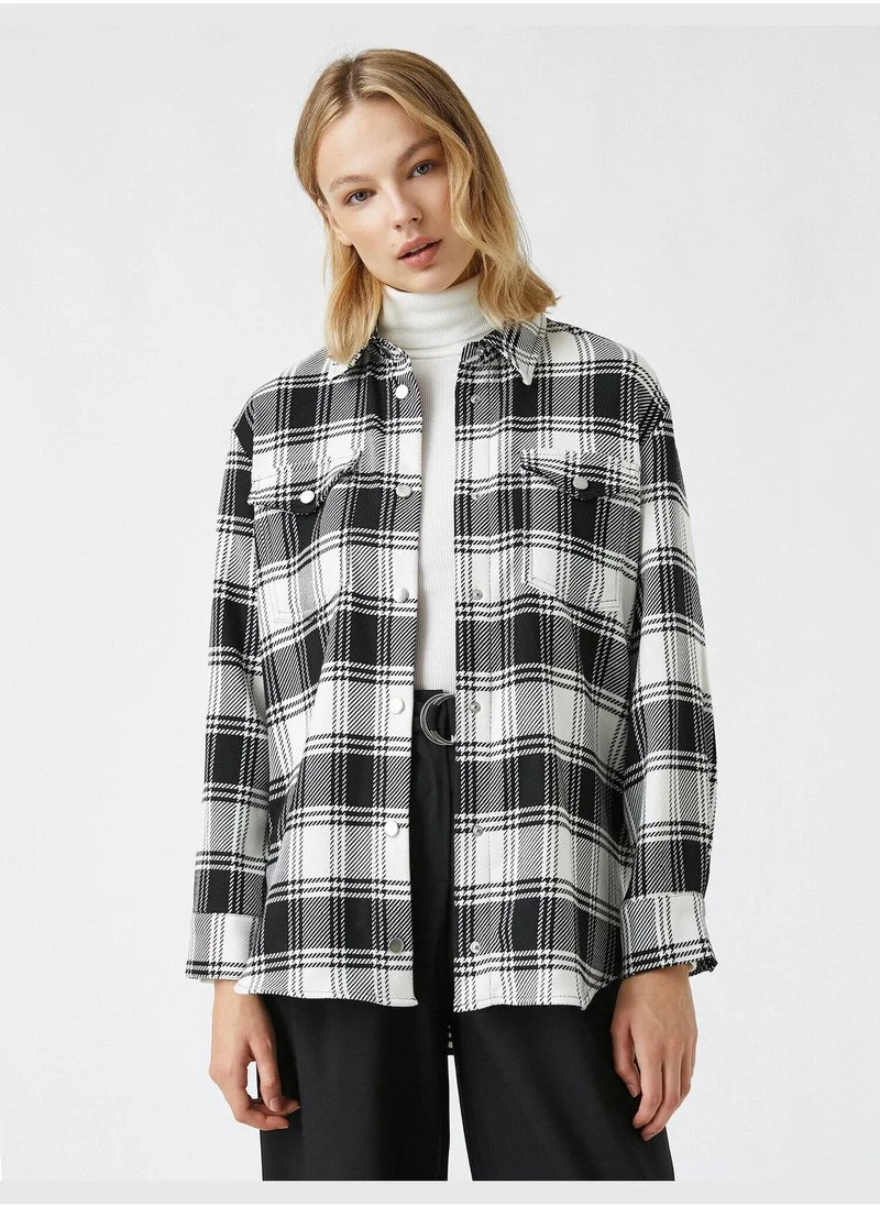 كوتن Plaid Long Sleeve Double Pockets Shirt