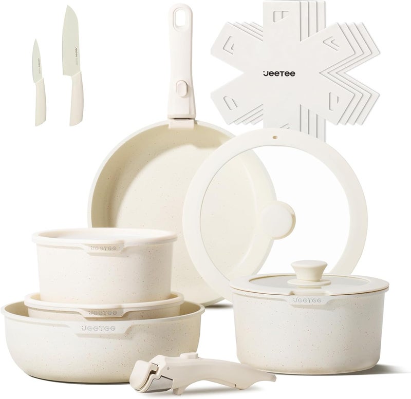 Jeetee Pots and Pans Set Non Stick 17pcs, Kitchen Cookware Sets with Detachable Handle, Induction Nonstick Cookware Set with Removable Handle, Stackable RV Cookware, Oven Safe, PFOA Free, Beige - Image 1