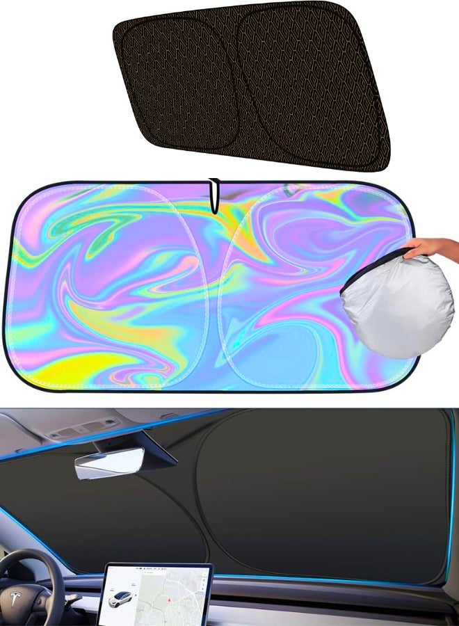 تشيس اب مظلة شمسية للزجاج الأمامي للسيارة، 5 طبقات عاكسة للأشعة فوق البنفسجية والحرارة، مظلة شمسية قابلة للطي شديدة التحمل بإطار معدني، لون قزحي يحافظ على برودة الجزء الداخلي للسيارة، مناسبة لجميع أنواع السيارات والشاحنات وسيارات الدفع الرباعي، مقاس M (56 × 32 بوصة) - Image 2