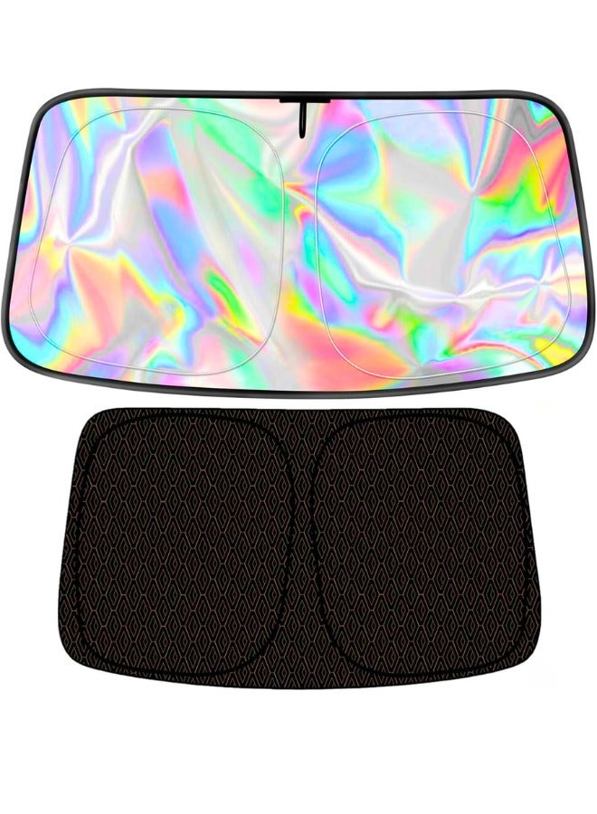 تشيس اب مظلة شمسية للزجاج الأمامي للسيارة، 5 طبقات عاكسة للأشعة فوق البنفسجية والحرارة، مظلة شمسية قابلة للطي شديدة التحمل بإطار معدني، لون قزحي يحافظ على برودة الجزء الداخلي للسيارة، مناسبة لجميع أنواع السيارات والشاحنات وسيارات الدفع الرباعي، مقاس M (56 × 32 بوصة) - Image 3