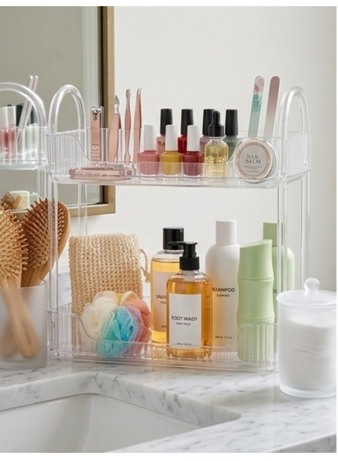 Clear acrylic two-tier storage and organization shelf for bathroom and kitchen - Perfume and cosmetic organizer with carrying handles - Stylish space-saving storage unit for bedrooms and bathrooms - 30 x 17 cm - Easy to clean and moisture resistant. - Image 4