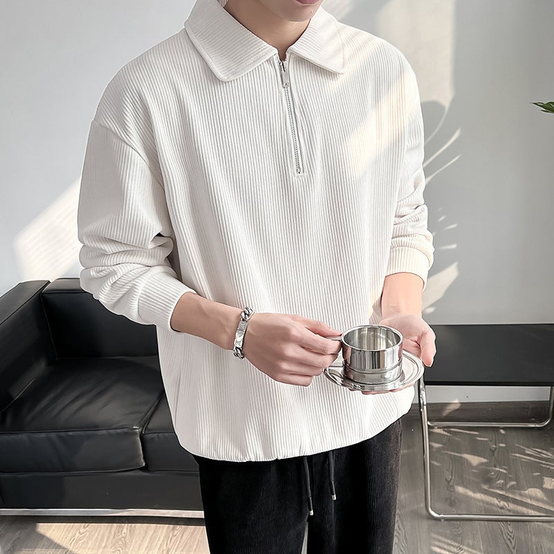 Autumn Winter Casual Polo Sweater Mens Knit Pullover Creamy-white  - Image 1