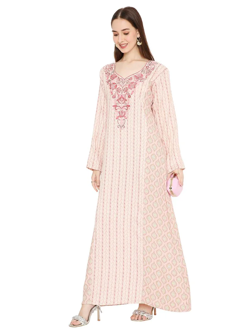HANA & SARA THE ARABIC KAFTAN JALABIYA DRESS IS EMBELLISHED WITH STONE WORK AND THREAD EMBROIDERY