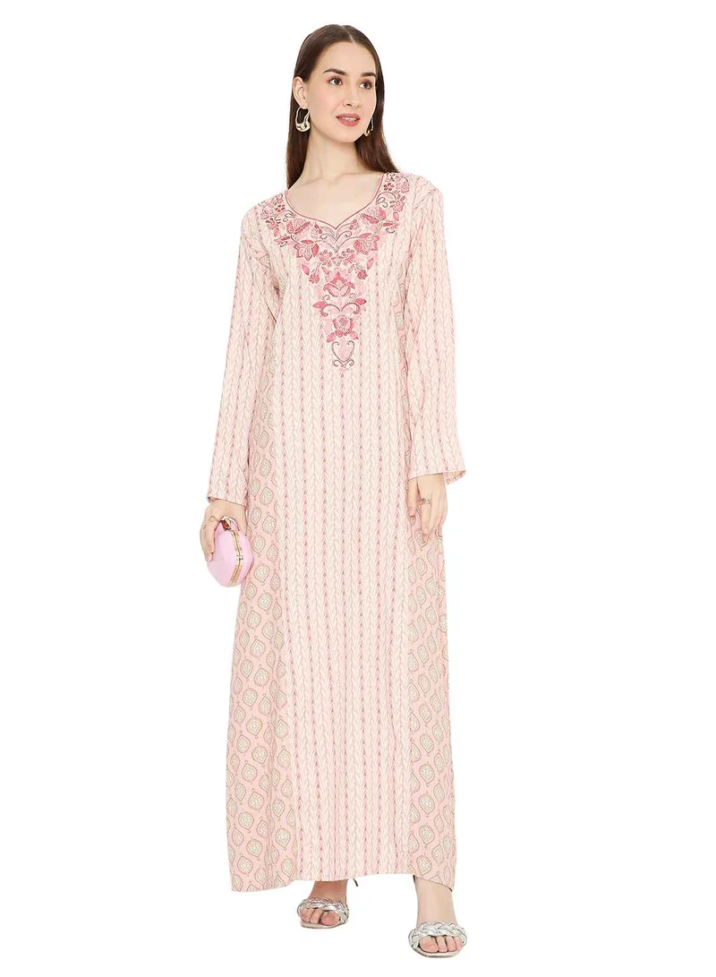 HANA & SARA THE ARABIC KAFTAN JALABIYA DRESS IS EMBELLISHED WITH STONE WORK AND THREAD EMBROIDERY