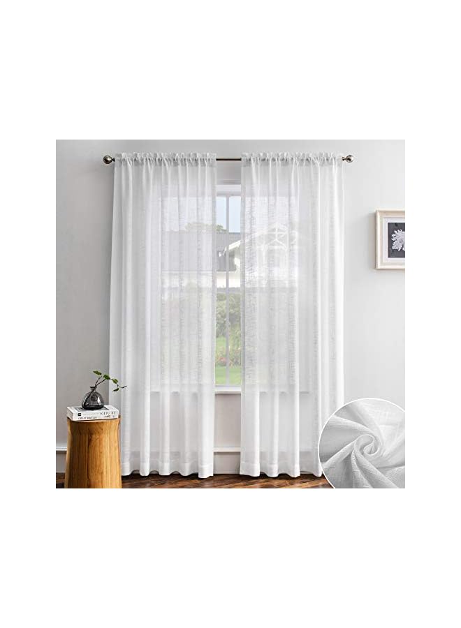 The Bros White Linen Textured Semi Sheer Curtains 84 Inches Long for Living Room Bedroom Natural Flax Linen Rod Pocket Voile Drapes, 52 by 84 Inch (2 Panels) - Image 2