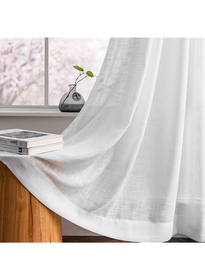 The Bros White Linen Textured Semi Sheer Curtains 84 Inches Long for Living Room Bedroom Natural Flax Linen Rod Pocket Voile Drapes, 52 by 84 Inch (2 Panels) - Image 1