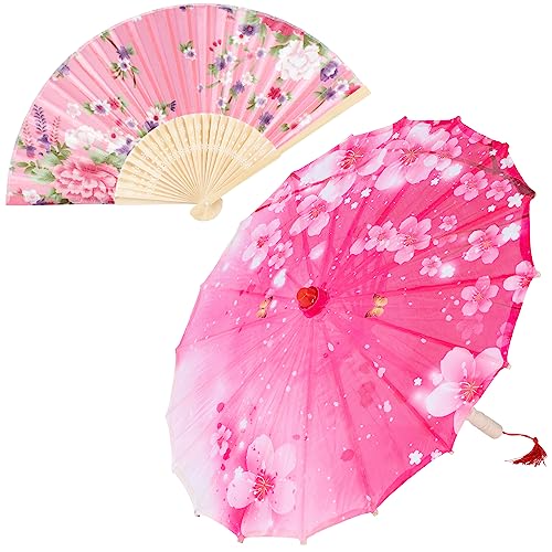 Elibelle Hand Made Japanese Oriental Parasol Dancing Umbrella 22 inch with Hand held Silk Folding Fans for Kids(Pink) - Image 1