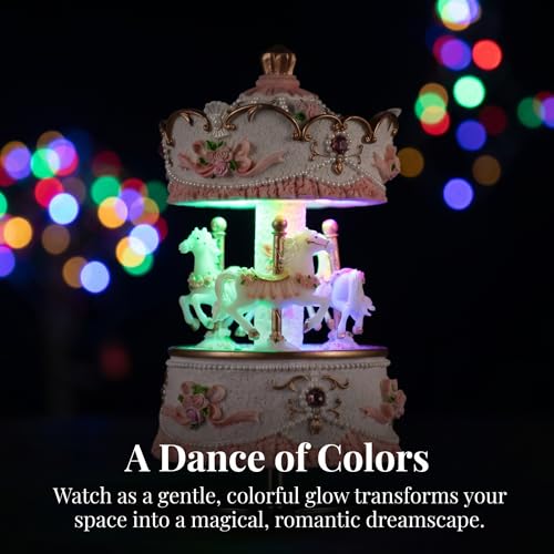 Musfunny Carousel Music Boxes for Girls 3-Horse Rotating Windup Melody Castle in The Sky Color Change LED Lights Musical Gift for Daughter Birthday Christmas Festival Music Box Artware Pink - Image 3